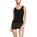Retro Black One‑Piece Swimsuit with Golden Sunburst Border