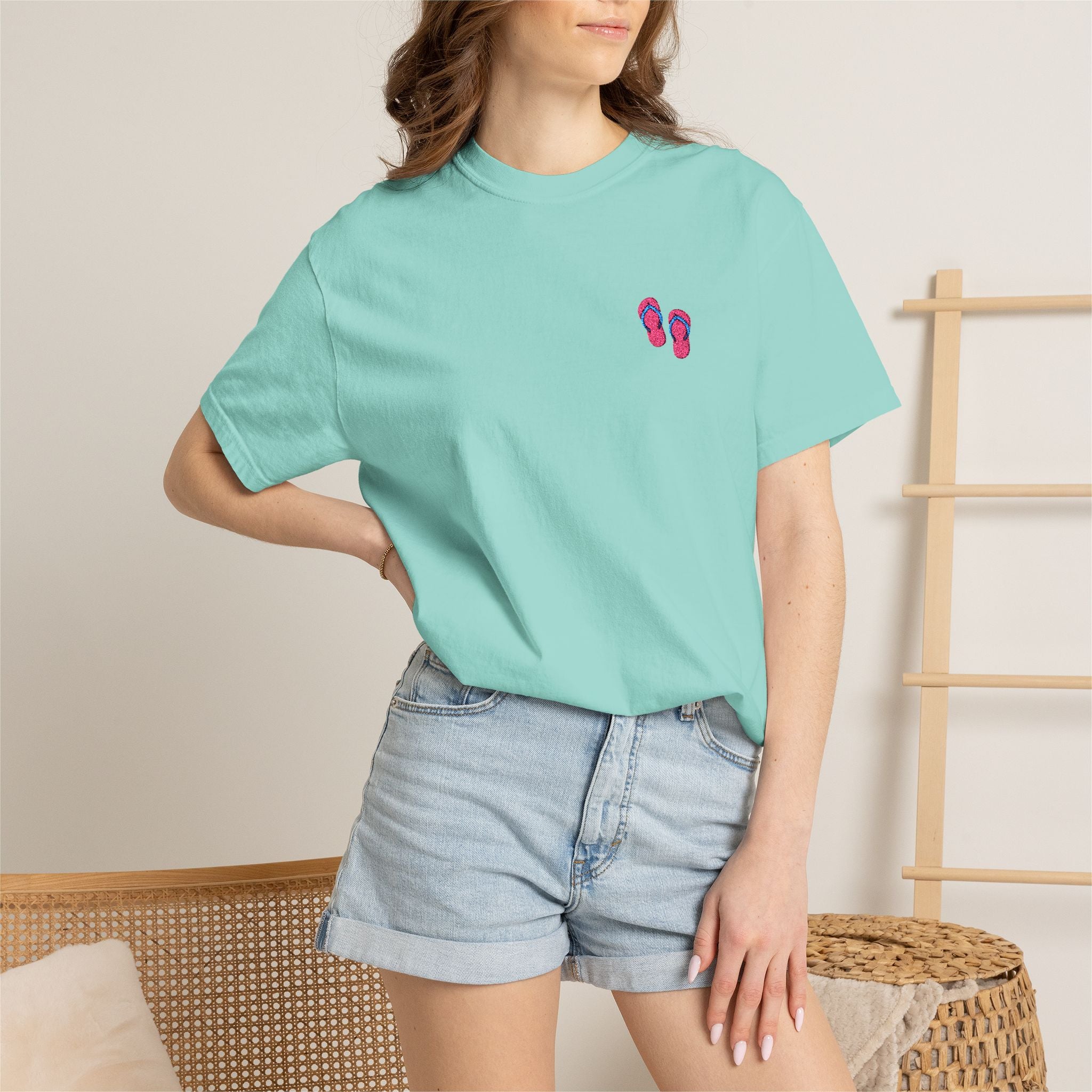 Flip Flop Beach Tee — Mint T-Shirt with Pink Flip Flops Pocket Design