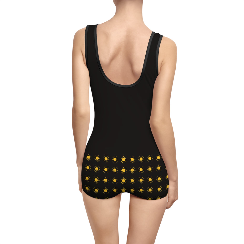 Retro Black One‑Piece Swimsuit with Golden Sunburst Border